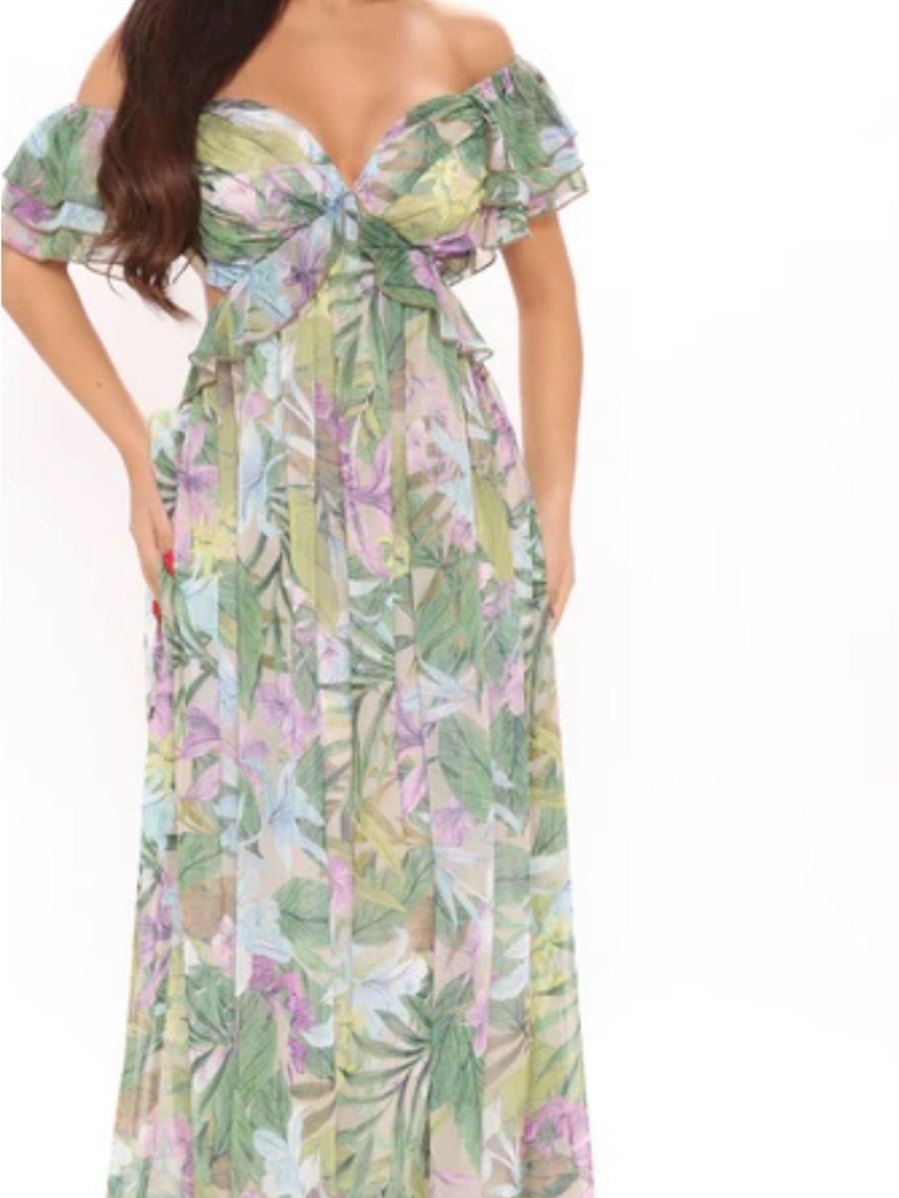 Fashion Nova Off-Shoulder Tropical Floral Maxi Dress in Green and Lilac